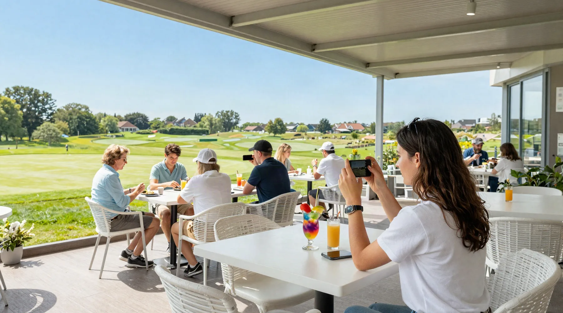 Gast fotografiert ihr Getränk auf einer Terrasse