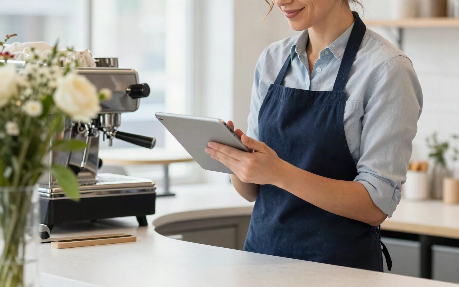 Gastronomin prüft Kampagnenzahlen auf dem Tablet